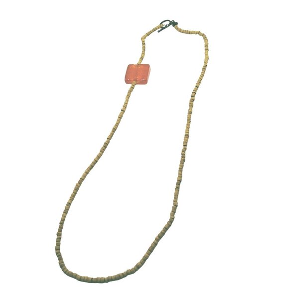 Wooden Bead Necklace Red Glass Square Pendant Beachy Coastal Spring Break 21 in - Picture 1 of 5